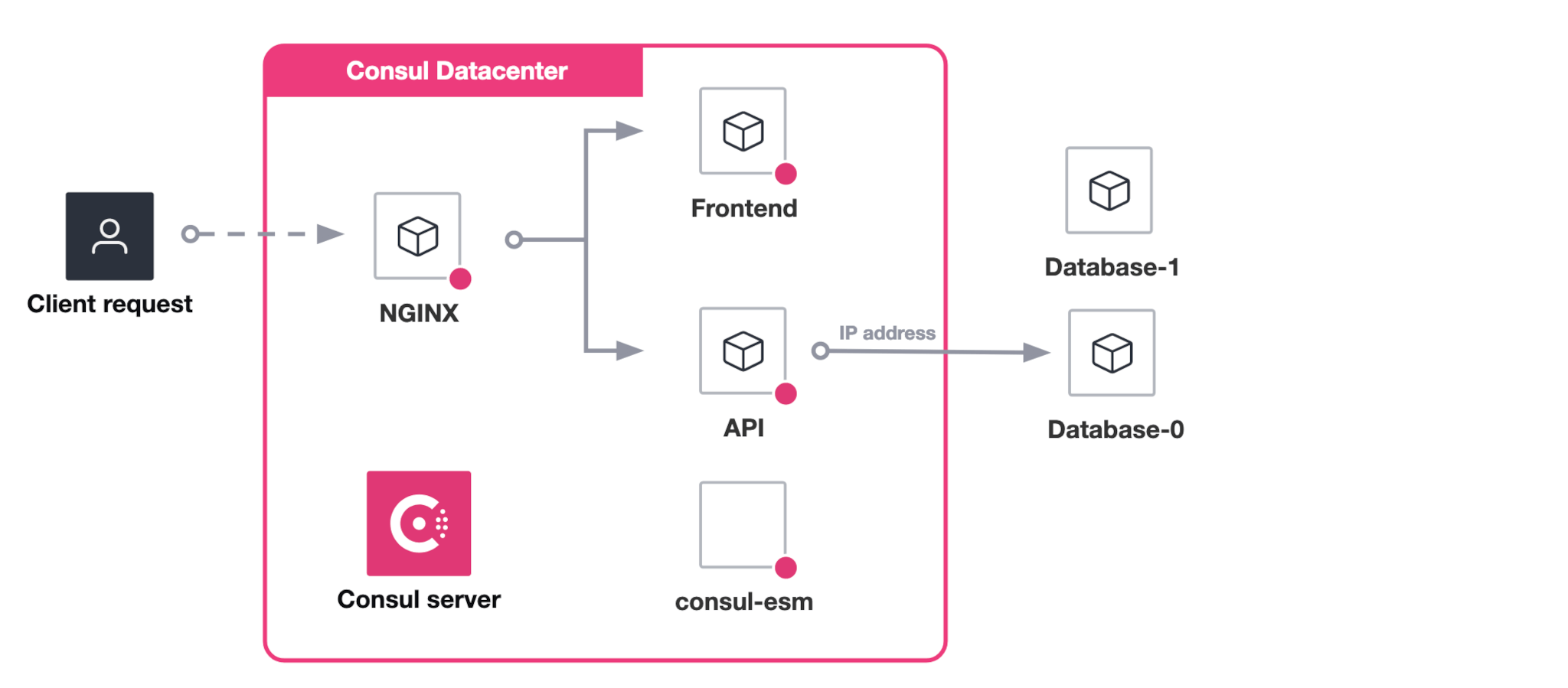 Architecture diagram. Initial state. Two instances of database service run on nodes that are external to the Consul datacenter. The API service in the datacenter communicates with one node using its IP address.